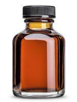 A bottle of amber liquid with a black lid photo