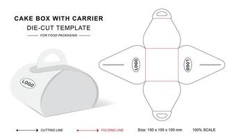 Cake box with carrier die cut template with 3D blank mockup vector