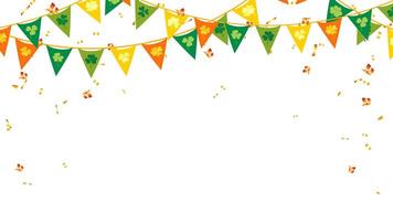Lucky irish celtic frame background with leaves clover, garland of flags and confetti. festival, party, event illustration vector