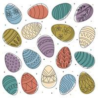 Illustration of multiple colorful Easter eggs, each featuring unique intricate patterns and designs on a white background. Perfect for holiday and decoration themes. vector