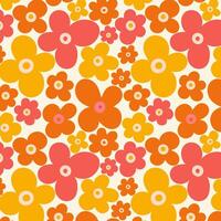 Retro style illustration of a colorful floral pattern featuring large and small flowers in vibrant orange, yellow, and pink hues on a light background. Perfect for design projects. vector
