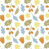 Seamless pattern with colorful autumn leaves and botanical elements. This illustration features simple, stylized designs in orange, yellow, and blue, perfect for seasonal decorations. vector