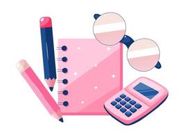 Illustration of a colorful stationery set featuring a spiral notebook, pencils, calculator, and glasses. Pink and blue color scheme creates a playful workspace theme. vector