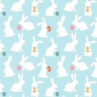 Seamless pattern featuring bunnies holding colorful Easter eggs on a light blue background. The playful design is perfect for Easter-themed decorations and projects. vector