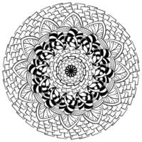 Meditative outline mandala with zen patterns, intricate coloring page with striped elements for activity vector