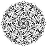 Antistress outline mandala with zen patterns, tangled coloring page with striped petals and tangles for activity or design vector