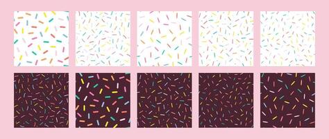 Simple Sprinkle Pattern. Set of Chocolate Donut glaze backgrounds. Small dashes in Rainbow colors. Illustration in scandinavian style vector