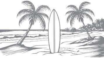 a drawing of a surfboard on the beach with palm trees vector