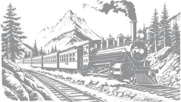 Vintage train journey through the mountains hand sketch design vector