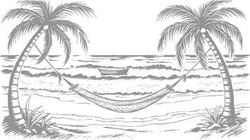 Relaxing Hammock Between Palm Trees on a Tropical Beach Scene Landscape Hand-drawn vector