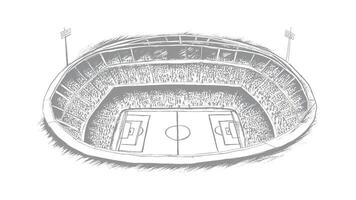 An illustration of a soccer stadium top-down view with a crowd and a field hand sketch vector