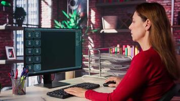 Woman typing prompts into an AI powered chat system on her computer, advanced virtual assistant showcases futuristic algorithms and smart solutions for productivity and connectivity. Camera B. video