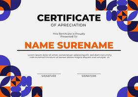 modern geometric certificate design template. Appreciation certificate template with modern, geometric design. Customizable name, signature, and text. Professional award document. vector