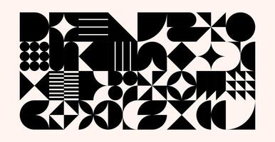 Retro black and white geometric Bauhaus pattern background. square, circle, semicircle, triangle and square line patterns. vector