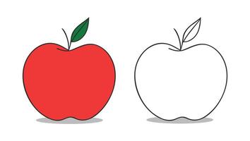 A simple, colorful illustration of a red apple designed for kids' coloring books. Minimal, logotype with clear outlines, green leaf, and white background, symbolizing health, freshness, learning vector