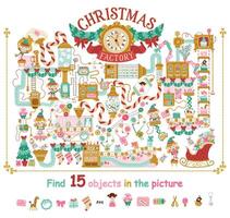 Find 10 objects in the picture. Christmas factory with elves. Fantasy mechanisms, conveyors and robots that pack gifts for children. vector