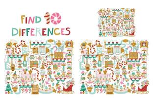 Find 10 differences in the picture. Christmas factory with elves. Fantasy mechanisms, conveyors and robots that pack gifts for children. Hand-drawn illustration in cartoon style. Puzzle Hidden Items. vector