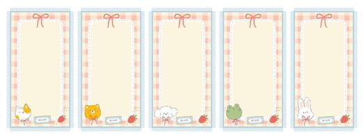 Gingham set collection of templates with kawaii animals and berries. Tartan check for diary pages, note paper, to do list, stickers. Cute childish background, pastel palette vector