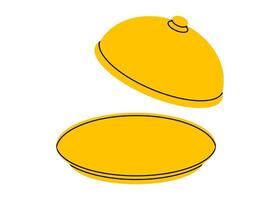Hand drawn cute illustration of plate with open cloche. Flat tray with cover doodle. Service or maintain icon. New message. Surprise or secret concept. Presentation sticker. Isolated. vector