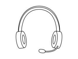 Hand drawn cute outline illustration of headphones with microphone. Flat wireless headset line art doodle. Support or help icon. Music listening device. Call center operator. Isolated. vector