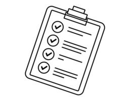 Hand drawn cute outline illustration clipboard with note. Flat check list sticker line art doodle. Successful plan. Completed todo list icon. Check mark in box. Productivity concept. Isolated. vector