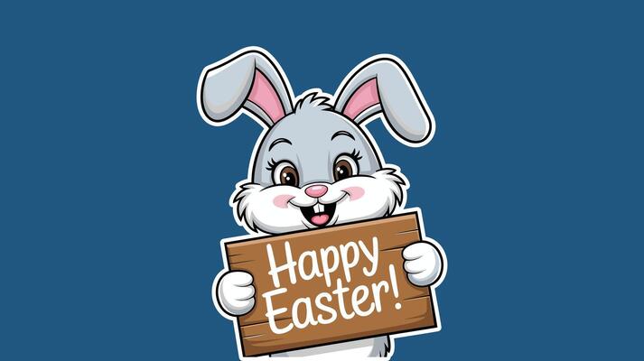 Cute cartoon Easter bunny holding a sign that says