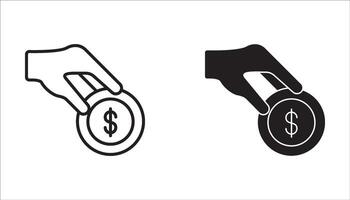 Donation icon set. hand putting coins into box, Charity symbol logo illustration, editable strokes, flat design style isolated on white vector