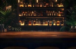 Bar counter with lights and plants in the background photo