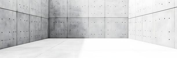 A large room with concrete walls and a white floor photo