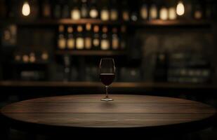 A glass of wine sits on a table in front of a bar photo