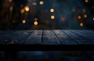 A wooden table with lights on it in front of a dark background photo