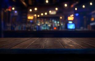 Wooden table top in front of a bar photo