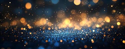 Blue and gold glittering lights on a dark background photo