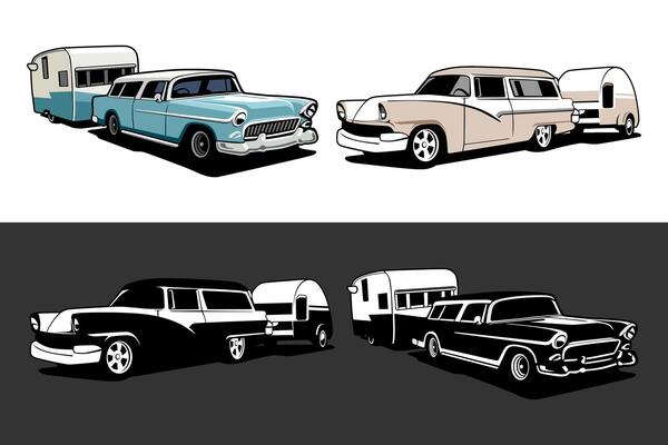 classic car and caravan colored and black and white illustration art