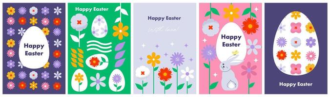 Happy Easter greeting card set. Modern geometric abstract patterns with flowers. Easter illustrations. Easter eggs, rabbit. Template for poster, cover, holiday card. vector