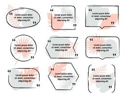 Set of hand-drawn quotes with leaves shapes on background. Simple pastel color frames. Speech bubbles for text. vector