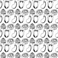 Sweet pepper, cabbage, artichoke and eggplant in doodle style. Seamless pattern. vector