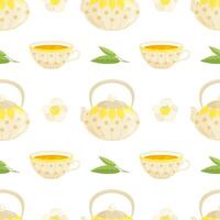Seamless pattern in flat style. Cup of tea, teapot. Illustration on white background. vector