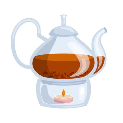 Transparent glass tea brewing teapot heated by candle. Illustration in flat style on white background.