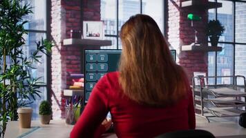Online interaction with an AI chatbot system on a desktop setup, woman using technology evolution, virtual assistance and automated dialogue for data driven productivity and innovation. Camera B. video