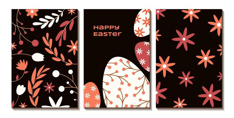 Happy Easter set of cards. Greeting card, poster, banner. Easter eggs with a pattern of spring flowers and branches. illustration