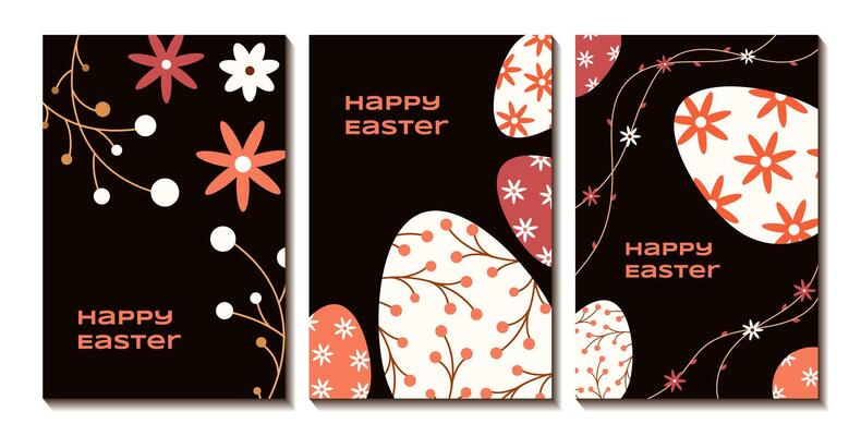 Happy Easter set of cards. Greeting card, poster, banner, postcard. Easter eggs with spring flowers pattern. illustration