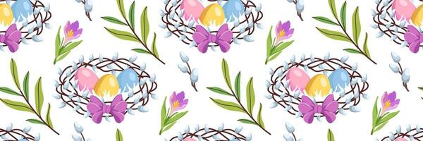 Spring Easter seamless pattern with bird nest, colored eggs and flowers. Traditional religious elements. Floral festive background for invitations. flat illustration. vector