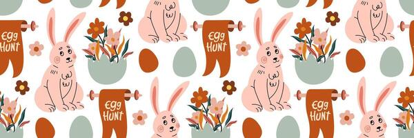 Easter seamless pattern featuring bunnies, colorful eggs, and blooming flowers in boho style. Great for textile, wrapping paper, wallpapers. Spring background. flat illustration. vector
