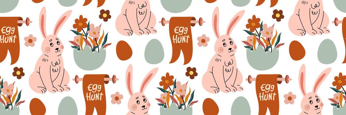 Easter seamless pattern featuring bunnies, colorful eggs, and blooming flowers in boho style. Great for textile, wrapping paper, wallpapers. Spring background. flat illustration.