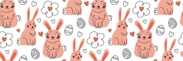 Easter seamless pattern with doodle funny rabbit. Hand drawn trendy linear eggs and cute character. Spring baby background. For wrapping paper, textiles, children room decor. Flat illustration. vector