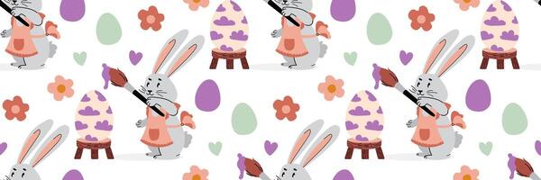 Easter rabbit seamless pattern. Festive game coloring eggs. Spring background with funny bunny, paint brush and colored eggs. For wrapping paper, textiles, children room. Flat illustration. vector