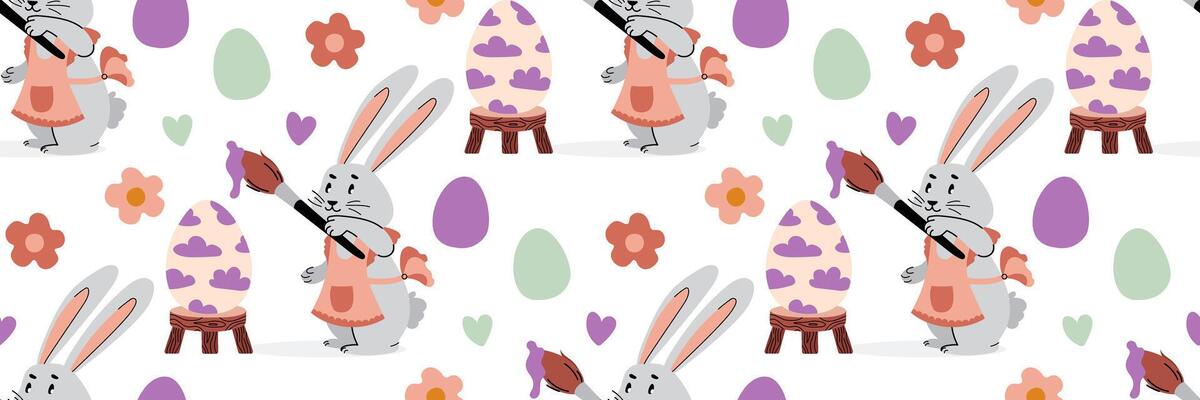 Easter rabbit seamless pattern. Festive game coloring eggs. Spring background with funny bunny, paint brush and colored eggs. For wrapping paper, textiles, children room. Flat illustration.