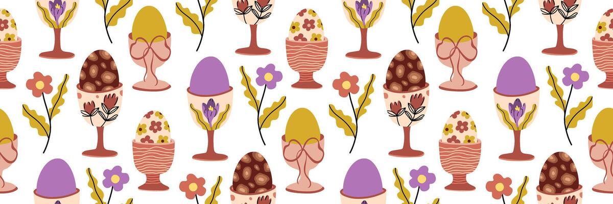 Easter pattern with with floral eggs. Easter trendy boho illustration. Pastel chocolate eggs with cute flower background. Spring design. April party decoration. flat illustration.