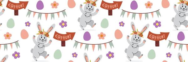 Easter rabbit seamless pattern. Festive game egg hunt. Spring background with funny bunny, wooden pointer and garland of colored flags. For wrapping paper, textiles, children room. Flat illustration. vector